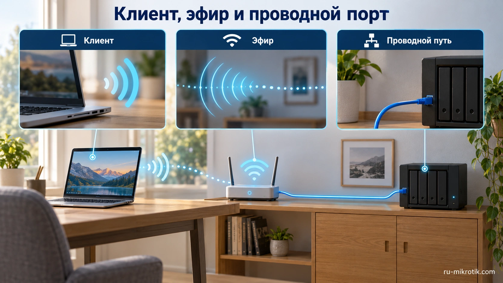 Клиентский адаптер, общий радиоэфир и проводное соединение с NAS