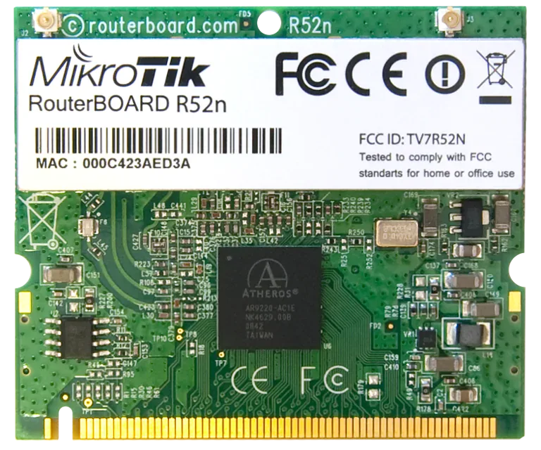 Беспроводная карта Mikrotik R52N 802.11a/b/g/n, 2GHz и 5GHz, miniPCI Беспроводная карта Mikrotik R52N 802.11a/b/g/n, 2GHz и 5GHz, miniPCI